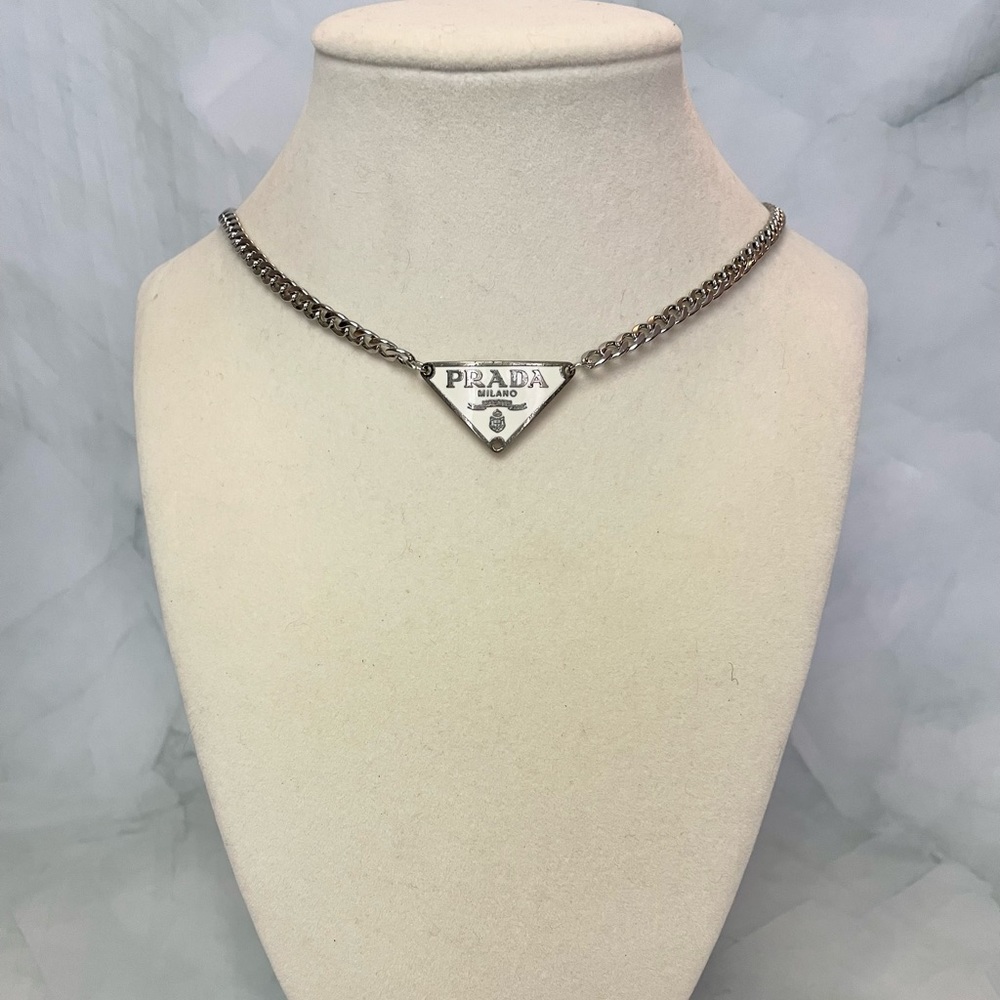 Upcycled Prada Silver & White Triangle Plate Cuban Link Necklace